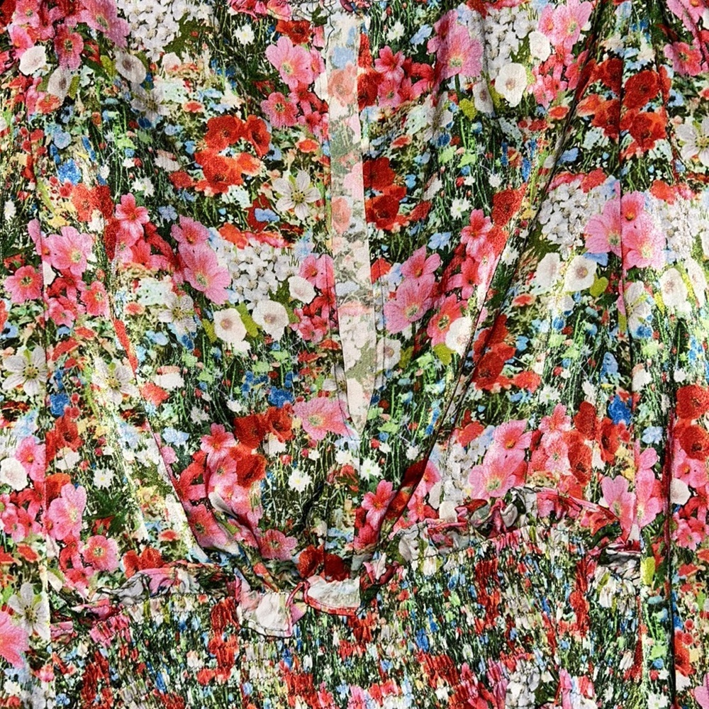 Zara Floral Smocked High-Neck Blouse in Red, Pink, Green - Picture 6 of 7